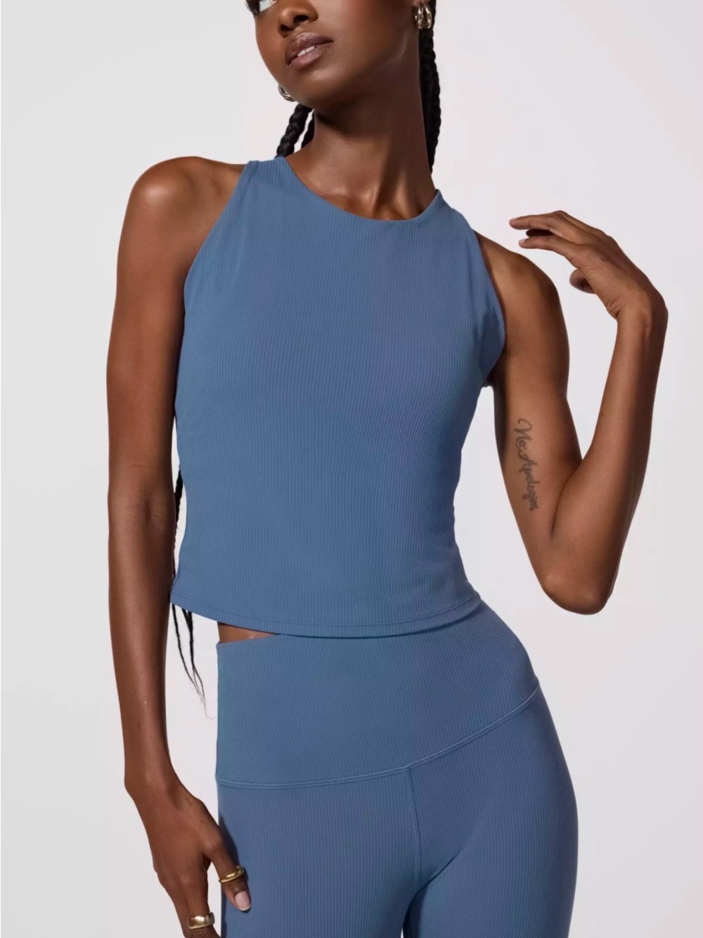 MPG matching set Blue Ribbed High-Neck Women's Tank and leggings
